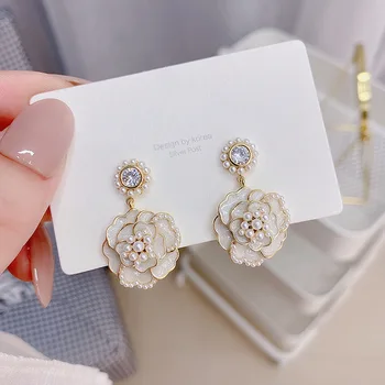 Korėjos Naujo Dizaino bižuterijos Saldus Baltas Naftos Lašas Pearl Camellia Auskarai Elegantiškas Moterų Vestuvių Priedai