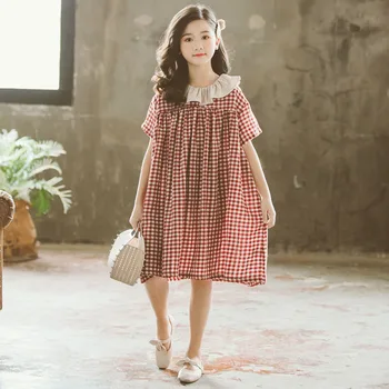2021 Naujas Vasaros Mergaitės Japonų Korėjiečių Languotas Drabužiai Laisvi SimpleTemperament Lėlės Apykakle Vaikams, Paaugliams Princesė Suknelė