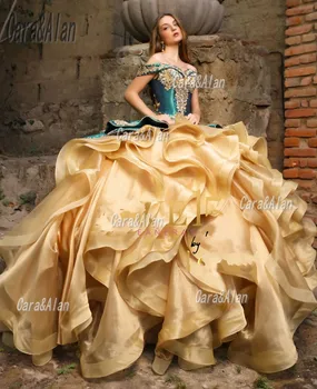 Meksikos Aukso Quinceanera Suknelės Aplikacijos Zawalcowany nuo Peties Charro Vestidos De 15 Años Organza Saldus Ruffles 16 Chalatai