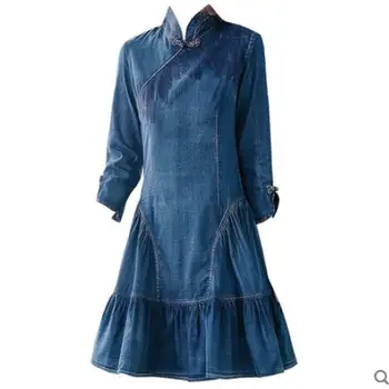 2022 m. pavasarį naujas derlius mygtuko sagtis cheongsam džinsinio audinio suknelė stovėti apykaklės susiėmę lieknas moteris, džinsai suknelė-line