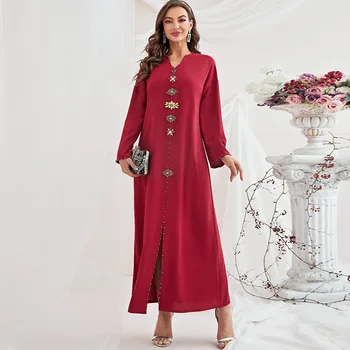 Skraiste Femme Musulmane Naujas Rose Red V-kaklo Diamond Elegantiškas Musulmonų Moterų Suknelė De Moda Musulmana Abayas Moterims