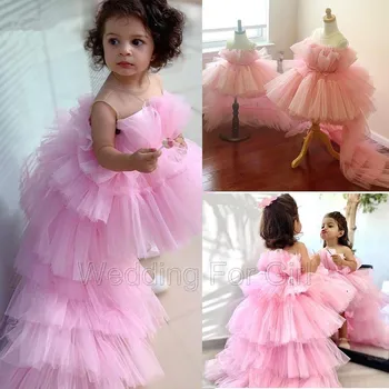 Rose Pink Pakopų Tiulio Reljefiniai Princess Gimtadienio Suknelė Hi-Lo, Gėlių mergaičių Suknelės Kelio ilgis Kūdikių Pirmoji Komunija Vestuvių Suknelės