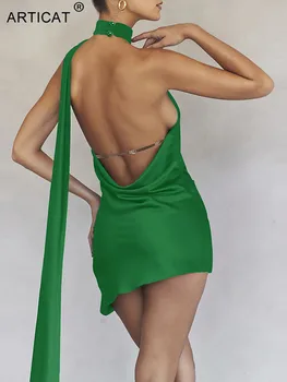 Articat Seksualus Backless Apynasrio Moterų Žalia Suknelė Be Rankovių Aukštos Juosmens Mini Suknelė Moteriška Rudens Liesas Mados Šalis Clubwear 2022
