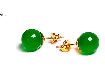 Koraba 14K 3D Aukso Inkrustacijos Gamtos Green Jade Kamuolys 10mm Granules Stud Auskarai Fine Jewelry Brangakmenio Auskarai Moterų Smaragdas