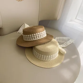 2021 korėjos pavasarį ir vasarą kūdikiui kelionės flat top didelis kraštas saulės, kepurę nuo saulės skrybėlę mažų šviežių nėrinių lankas berniukų ir mergaičių šiaudų skrybėlę