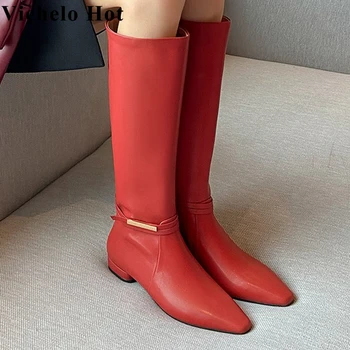 Vichelo Karšto elegantiškas raudonas modernus batai visiškai grūdų odos žiemos pažymėjo tne metalo mažas kulniukai vestuves knee-high batai 66