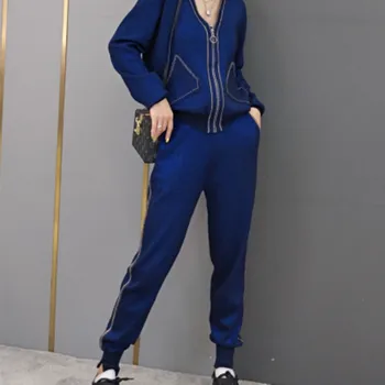 YUZACDWX Moterų Megztinis Dviejų dalių megztas Komplektai Slim Tracksuit 2019 M. Rudens ir žiemos Mados Palaidinės Sporto Kostiumas Moteris