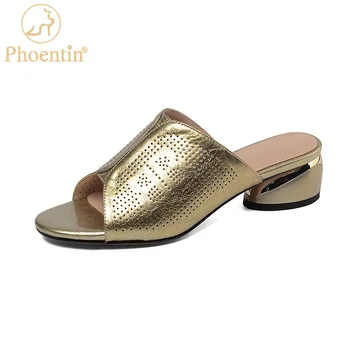 Phoentin moteris natūralios odos peep toe šlepetės vasaros Elegantiškas ponios metalo viduryje aukštakulniai iš durų šlepetės mulų batai FT1935