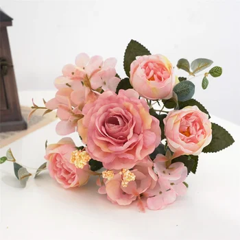 Retro Šilko Dirbtinės Gėlės Bijūnų Puokštės, Vestuvių Dekoravimas Rudenį Hydrangea Netikrą Gėlių Namų Kambario Dekoro Flores Artificiales