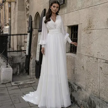 Ilgio Sluoksniuotos Rankovėmis Vestuvių Suknelė Šifono V-Kaklo Lace A-Line Bridal Suknelės Baltos, Dramblio Kaulo Užsakymą Šalies 2021 Arabų Valymo Traukinio