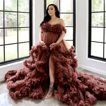V-Kaklo Ruffles Prom Dresses Nėščioms Moterims, Priekiniai Padalinta vakarinę Suknelę Motinystės Chalatai fotosesiją Rūbeliai