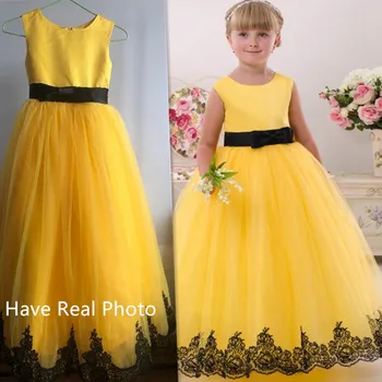 Geltonos spalvos Nėrinių Aplikacijos Gėlių Mergaitės Suknelė Vestuvių Oficialus Vaikai Inscenizacija Komunijos Vaikų Drabužių Brithday Šalis