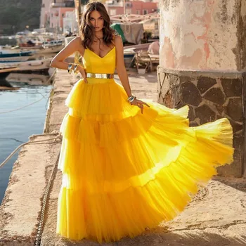 Sevintage Geltona Pakopų Susiėmę Tiulio Prom Dresses V-Kaklo Spageti Dirželis Plisuotos Vakarinę Suknelę Vestuves Suknelė 2022