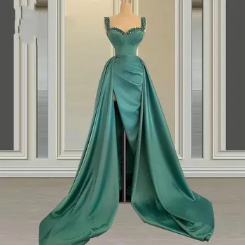Elegantiškas Ilgas Undinė Žalia Vakaro Suknelės su Užkarpomis Kristalai Klostyti Satino Chalatas De Soiree Šalies Prom Dress