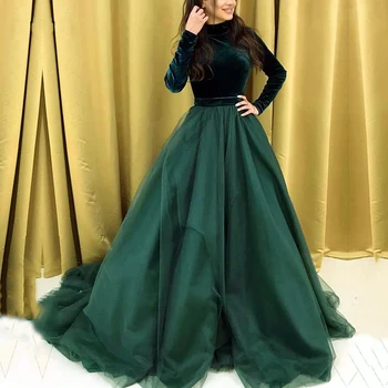 GreenBlue Musulmonų Vakarinę Suknelę Aukštu Kaklu Ilgomis Rankovėmis Aksomo Top-Line Oficialų Dubajus Arabų Kaftan Prom Šalis Suknelės Chalatai 2021