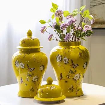 14 Colių Klasikinis Kinų Vaza Su Dangčiu Geltona Porceliano Gėlių Šventykla Imbieras Jar Keramikos Stalo Vaza Antikvariniai Puošmena Jindezhen