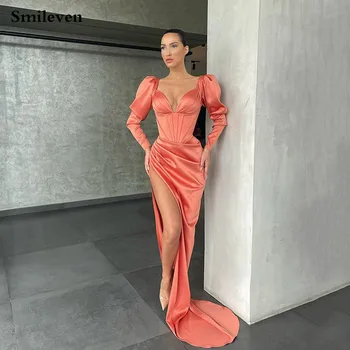 Smileven Naujo Dizaino Klostes Undinė Vakarinę Suknelę Saudo Arabija Long Sleeve V-Kaklo Pusės Split Prom Dresses Dubajus Garsenybių Suknelės