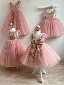 Gėlių mergaičių Suknelės, Vestuvių Puošmena-Kaklo 3D Gėlių Appliqued Bamblys Inscenizacija Chalatai Tiulio Pirmos Komunijos Suknelė