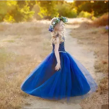 Konkurso Tamsiai Mėlynas Perlas Krištolo Karoliukai Gėlių Mergaitės Suknelė Vestuvių Vaiko Gimtadienio Prom Princesė Chalatai Vaikai Cosplay Nešioja