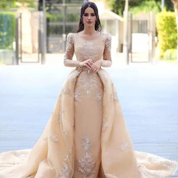 Aukso Ilgomis Rankovėmis Appliques Nėrinių Saudo Arabų Undinė Vestuvių Suknelė, Su Nuimamu Traukiniu O-Kaklo Priness Dubajus Nuotakos Suknelė
