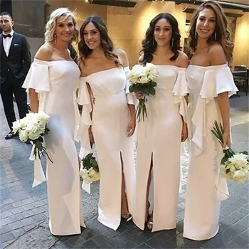 Seksualus Ilgai Undinė Bridesmaid Dresses 2019 Naujas Off Peties Grindų Ilgis Ruffles Priekinės, Šoninės Oficialią Chalatai Šalis Suknelė