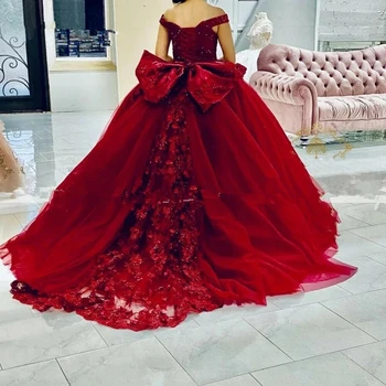 3D Gėlių Appliqued Princesė Quinceanera Suknelę Tamsiai Raudonos spalvos Tiulio Off Peties Nėriniai-Up Lankas Atgal Ilgai Prom Šalis Saldus 15 Suknelės