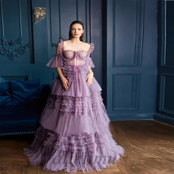 Šviesiai Violetinės Pastrol Pakopų Vakarinę Suknelę Nuo Peties Raukiniai Vestuves Prom Pagamintas Pagal Užsakymą Rūbeliai De Soirée Oficialų Prom
