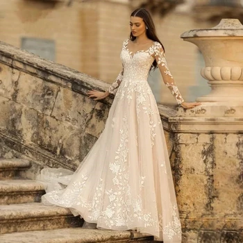 Elegantiškas Ponios Įgulos Kaklo Vestuvių Suknelė 2023 Nėrinių Linija Boho Ilgomis Rankovėmis Vestuvių Aplikacijos Nuotakos Vestuvių Šalis Suknelė Vestidos De