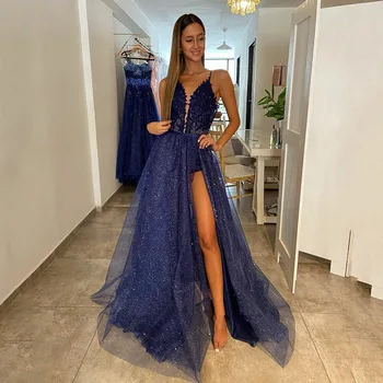 Blizgučiai Tiulio Tamsiai Mėlyna Vakaro Suknelės Pusės Split Moterų Oficialų Suknelė Spagečiai Dirželiai Nėrinių Aplikacijos Elegantiškas Vestido De Gala