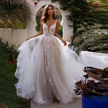 LORIE Princesė Vestuvių Suknelės Boho Spagečiai Dirželiai V-kaklo Backless Vestuvinės Suknelės Nėriniai Appliques Valyti Trian Rankovių 2020 Naujas