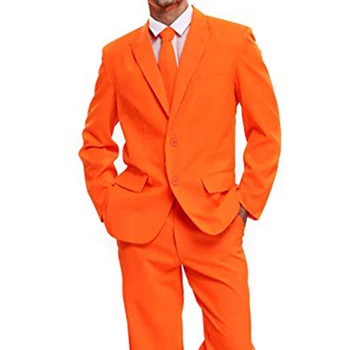 Oranžinė Du Mygtukai Mens Šalies Kostiumas vientisos Spalvos Laisvalaikio Kostiumas Atostogų Šalis Dviejų dalių Kostiumas Striukė su Kaklaraištis & Kelnės