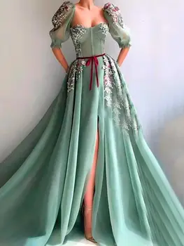 Bohemijos arabų Mėtos žalumo-line Padalinta Prom Dresses 2022 Pusė Bžūp Rankovėmis 3D Gėlės Zawalcowany Oficialią Šalies vakarinę Suknelę
