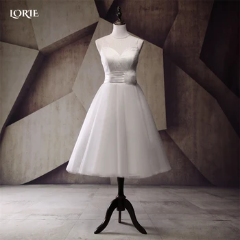 LORIE Paprasta-Line Nėrinių Vestuvių Suknelės, O-Kaklo Mini Klostes Juosmens 3D Gėlės, Vestuvinės Suknelės Mygtukai Inscenizacija Nuotakos Suknelė Plius Dydis