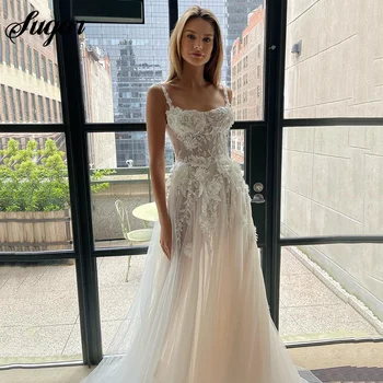 3D Gėlių Nėrinių Vestuvių Suknelės-Line Appliques Spagečiai Dirželiai Vestuvinės Suknelės Princess Royal Traukinio Nuotakos Suknelė 2022