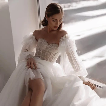 2022 Elegantiškas Princesė Vestuvių Suknelės Keičiamajame Reljefiniai Rankovėmis Beach Vestuvinės Suknelės Brangioji Tiulio Grindų Ilgis Vestuvių Suknelės