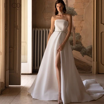 Aš OT Šiuolaikinės Satino Vestuvių Suknelės 2023 Elegantiškas Bling China Valtis Kaklo Suknia slu dukterinė Stebėjimo Backless Užtrauktukas Iki Vestidos De Novia