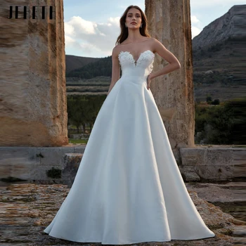 Paprastas Baltas Vestuvių Suknelės Moterims 2023 Brangioji Gėlių Appliques Vestuvinės Suknelės Satino Pusė Rankovių Linija, Vestidos Užsakymą
