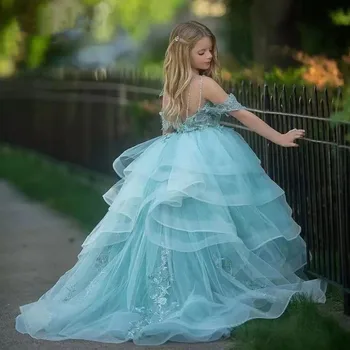 Paprasta Dangus Mėlynas Nuo Shoudler Gėlių Mergaičių Suknelės Valymo Traukinio Tiulio Reljefiniai Pirmosios Komunijos Suknelė Cute Vaikai Suknelės