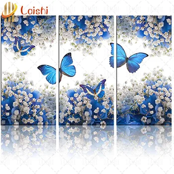 3pcs Diamond Tapybos Mėlyni drugeliai, mėlynos ir baltos gėlės kvadratiniu Diamond Siuvinėjimo Nuotrauką Strazdų Rankdarbiai
