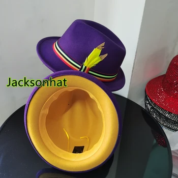 Dviejų atspalvių Plunksnų Fedora Skrybėlę Moterų Vilnos Veltinio Kepurę Rudens/Žiemos Panama Džiazo Top Hat Unisex Elegantiškas Mados Ponas Hat