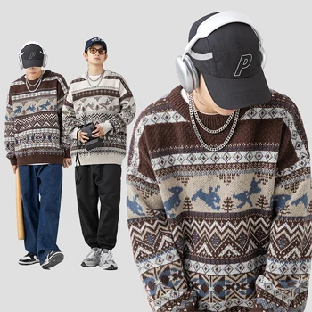 Japonijos retro žakardo megztinis vyrams žiemos 2022 naujų sunkiųjų etninės stiliaus trikotažas