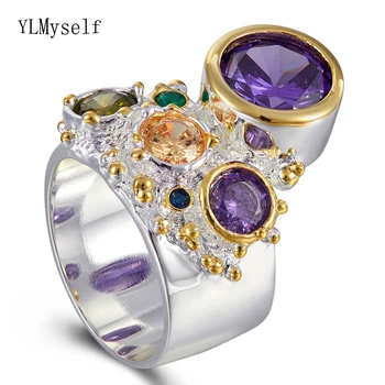 Mados Violetinė Multi Cirkonis Sidabro spalvos Žiedas Madingų Papuošalų Gražus Prabanga Piršto Žiedai Naujų Papuošalų moterims