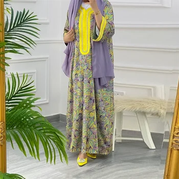 Musulmonų Abaja Suknelė Dubajus Retro Etninės Gėlių Spausdinti Ilgomis Rankovėmis Suknelės V-Kaklo Deimantų Skraiste Islamo Ramadanas Kaftan