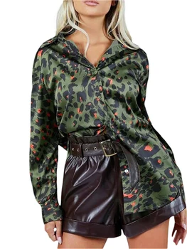 Moterų Madinga Marškinėliai, Leopardas Spausdinti Atvartas ilgomis Rankovėmis Mygtuką-Iki Prarasti Palaidinė moterims, S/M/L/XL/XXL