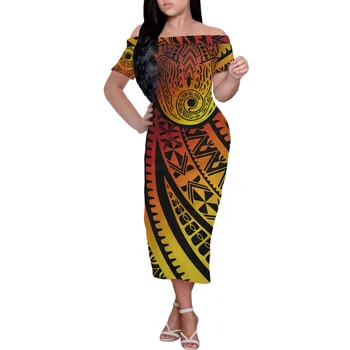 Custom Mados Premium Drabužių Polinezijos Genčių Rasta Spalvos Fonas Su Juostele Spaudinių Moterims, Elegantiška Suknelė Trumpomis Rankovėmis