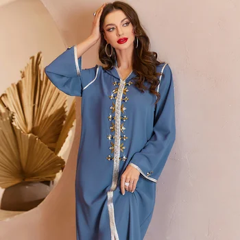Musulmonų Moterų Suknelė Mėlyna Ranka Prisiūta Diamond Sudurti Sidabro Juostele Gobtuvu Skraiste Dubajus Suknelė