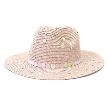 Moterys Vasarą Blizgančiais šiaudų skrybėlę flat top plokščių kraštų top hat lauko laisvalaikio saulės skrybėlę pajūrio skėtį nuo saulės paplūdimio skrybėlę