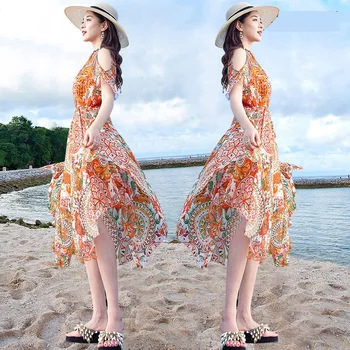 Vasaros paplūdimio suknelė Pajūrio kurortas Bohemijos Ilga suknelė Nauja Stebėjimo peties Super pasakų Slim Šifono vasaros moterų suknelės
