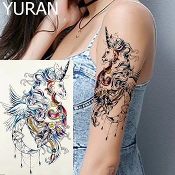 Watercolour Didelis Plaukioja Vienaragis Tatuiruotės, Laikinos Black Moon Pasakų Princesė Moterų Arm Tatuiruotės Lipdukai Plunksnų Mergina Meno Tatoos