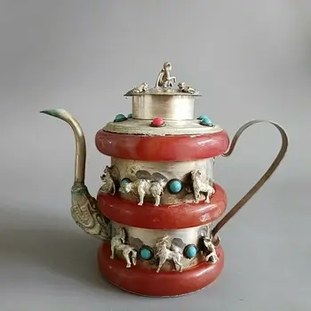 Kinijos senoji Tibeto sidabro inkrustacijos jade zodiako vyno puodą arbatinukas